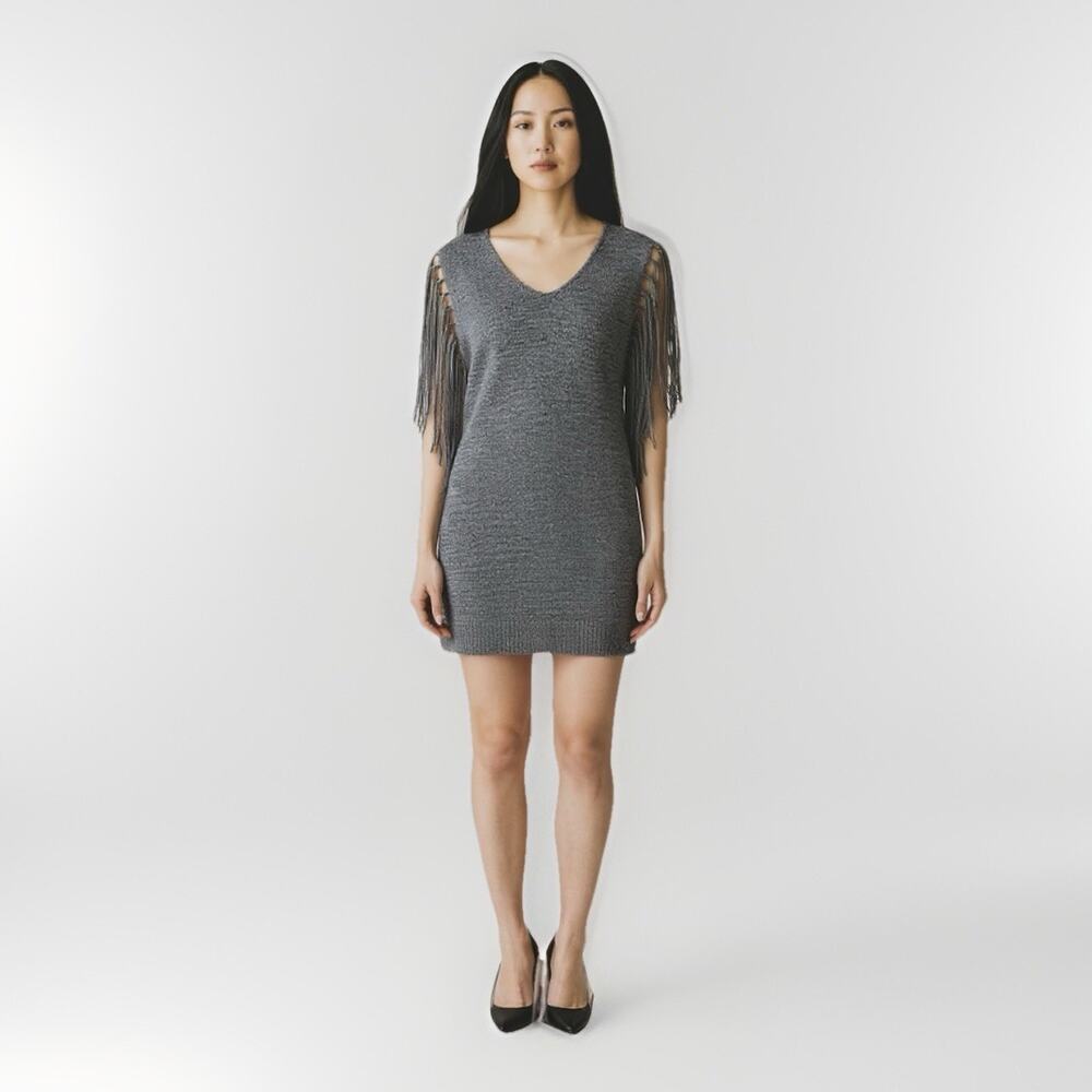 Miilla Knit Tunic‎ Mini Dress Gray Boho Festival Chic Fringed Sleeves Women's L